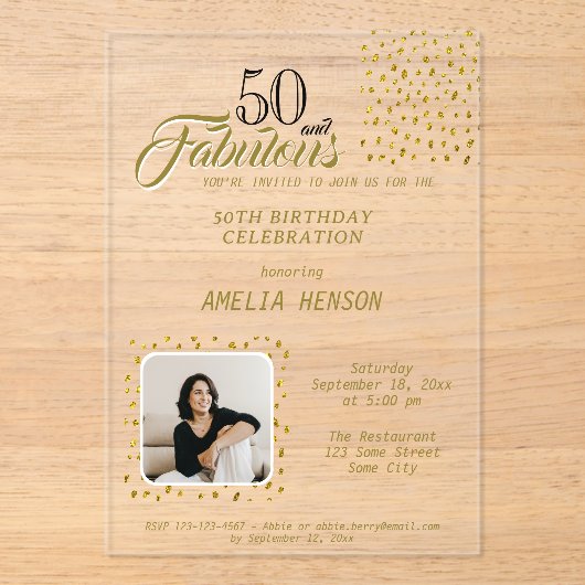 50 and Fabulous Gold Glitter Photo 50th Birthday Acryleinladungen (Vorderseite)