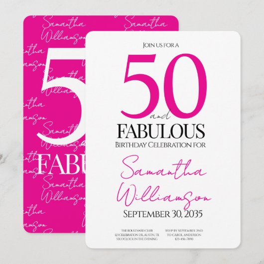 50 and Fabulous Pink | 50th Birthday Elegant  Einladung (Vorne/Hinten)