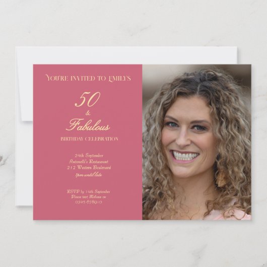 50 and Fabulous Pink Photo Elegant Script Einladung (Vorderseite)