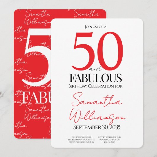 50 and Fabulous Red | 50th Birthday Elegant Simple Einladung (Vorne/Hinten)