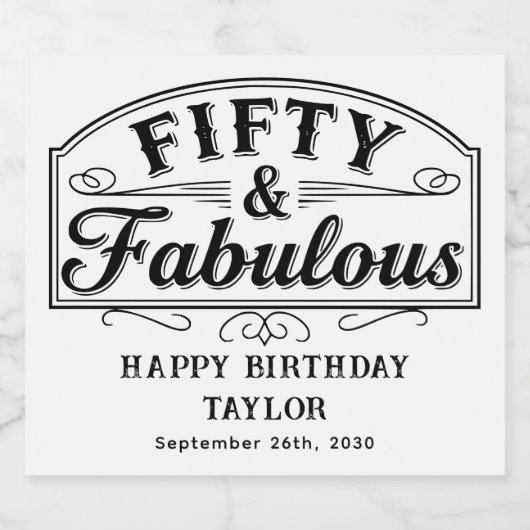 50 and Fabulous Rustic Script & Elegant White Schaumweinetikett (Einzelnes Label)