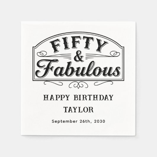 50 and Fabulous Rustic Script Line Art Black White Serviette (Vorderseite)