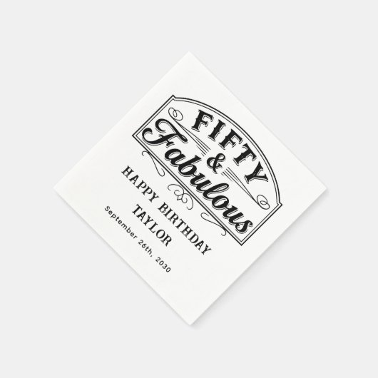 50 and Fabulous Rustic Script Line Art Black White Serviette (Ecke)