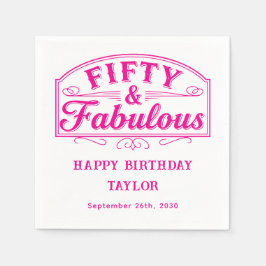 50 and Fabulous Rustic Script Line Art Pink Serviette
