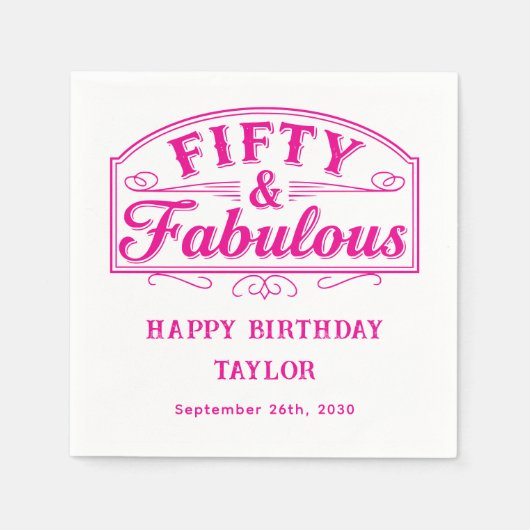 50 and Fabulous Rustic Script Line Art Pink Serviette (Vorderseite)