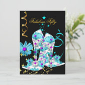 50 Aquamarine Lila Blumenschwarz-Geburtstagsparty Einladung (Stehend Vorderseite)