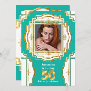 50. aquamarines weißes goldfarbenes Foto-Rahmen 50 Einladung