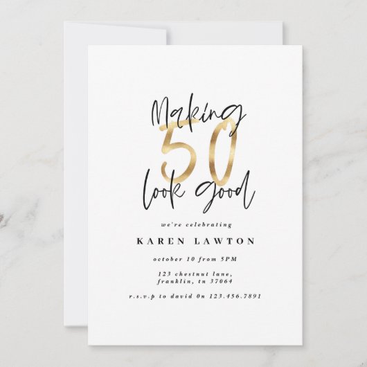 50 aussehen lassen, gute Gold-Geburtstagseinladung (Vorderseite)