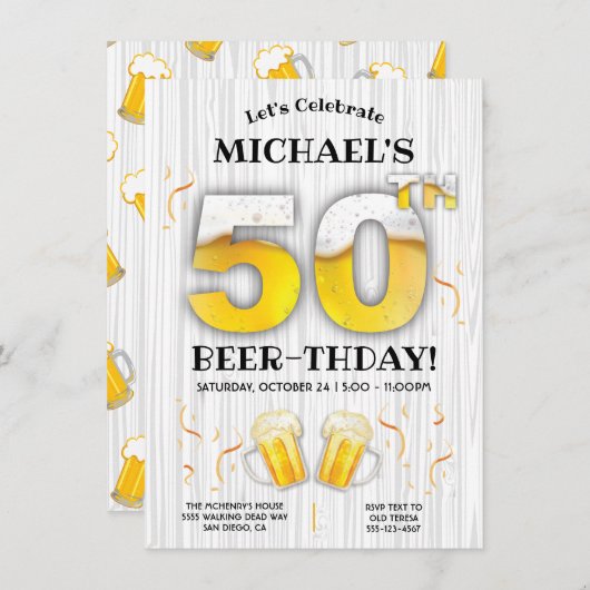 50. Beer Birthday Party - Meilenstein Einladung (Vorne/Hinten)