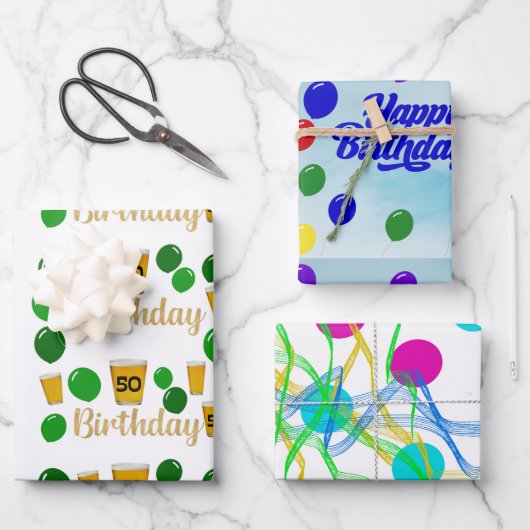 50 Bier, glücklicher Geburtstag, Kreise quicken Geschenkpapier Set (Vorderseite)