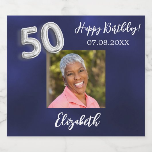 50. Birthday Marine blaues Foto Schaumweinetikett (Einzelnes Label)