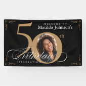 50. Black Gold Elegant Calligraphy Foto Geburtstag Banner (Horizontal)
