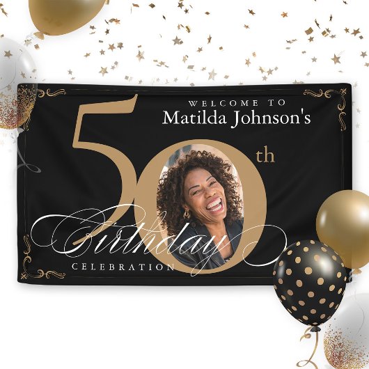 50. Black Gold Elegant Calligraphy Foto Geburtstag Banner