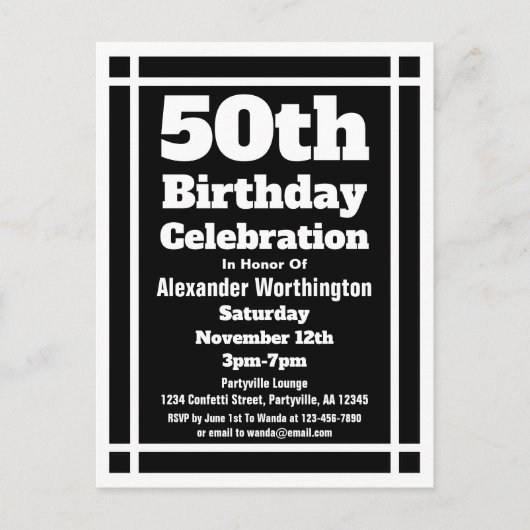 50. Black Simple Birthday Einladung Postcard (Vorderseite)