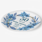 50. Blaue Blumen Goldene Hochzeit Pappteller (Schrägansicht)