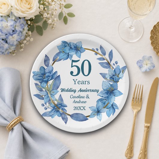 50. Blaue Blumen Goldene Hochzeit Pappteller