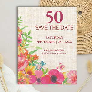 50. Bold Floral Linen Geburtstag Save the Date Ankündigungspostkarte