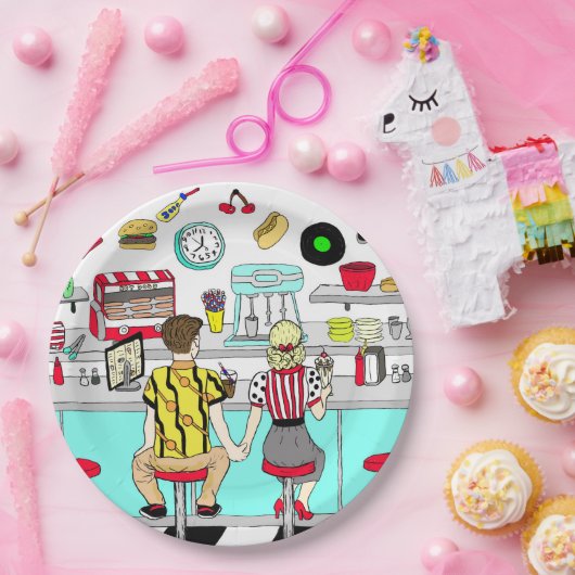 50 Diner Nostalgic Couple Holding Hands Art Pappteller (Party)