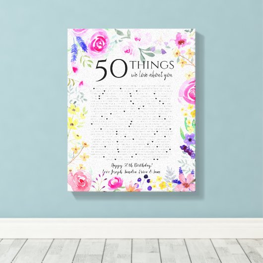 50 Dinge, die wir über Sie Liebe Aquarell Blume Ma Leinwanddruck (Insitu (Holzboden))