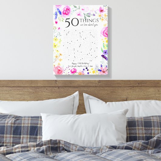 50 Dinge, die wir über Sie Liebe Aquarell Blume Ma Leinwanddruck (Insitu (Schlafzimmer))