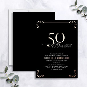50 & Fabelhaft Schwarz-Roségold-Kalligrafie-Geburt Folieneinladung