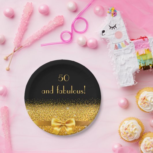 50 fabelhafte schwarze goldene Schleife elegant Pappteller (Party)