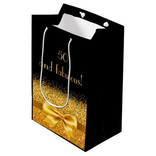 50 fabelhafte schwarze goldene Schleife eleganter Mittlere Geschenktüte (Vorderseite Schrägansicht)