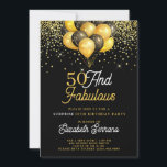 50 fabelhafte Überraschung Geburtstag Gold Black G Einladung<br><div class="desc">Eine elegante Überraschung 50. Überraschung Geburtstagsparty auf einem Gold auf schwarzer Einladung mit Gold-Glitzer und Gold und schwarzen Ballons. Modern und stilvoll mit Kalligraphie-Schrift.</div>