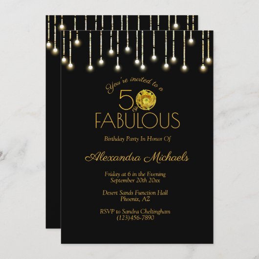 50 & fabelhafte weiße Lichter auf schwarz-gelben K Einladung (Vorne/Hinten)