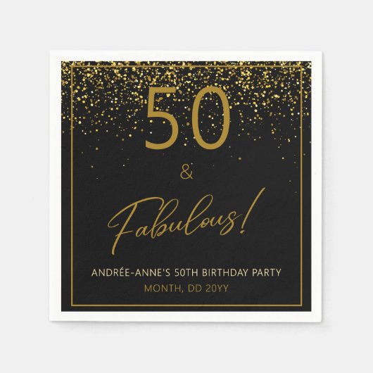 50 fabelhafter Birthday Gold Black Glitzer Serviette (Vorderseite)