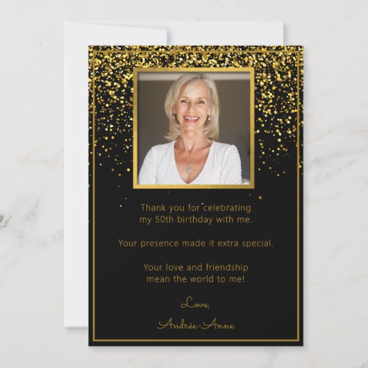50 fabelhaftes Birthday Gold Black Glitzer Foto Dankeskarte (Rückseite)