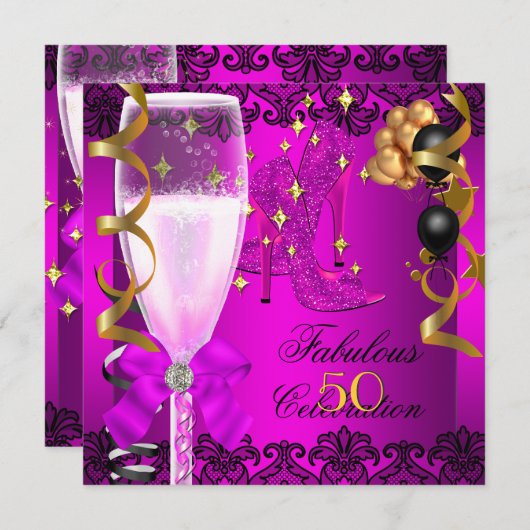 50 fabelhaftes Pink Black Gold 50. Champagner Part Einladung (Vorne/Hinten)