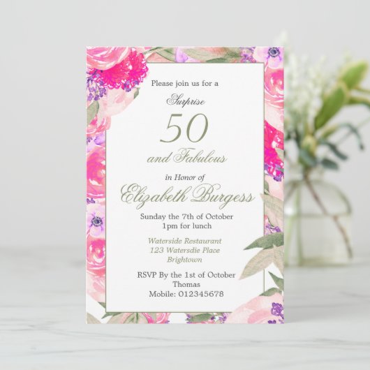 50 Fabelrosa Rose Chic Birthday Einladung (Stehend Vorderseite)