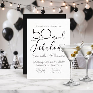 50 & Fabulous 50. Geburtstagsfeier Schwarz Elegant Einladung