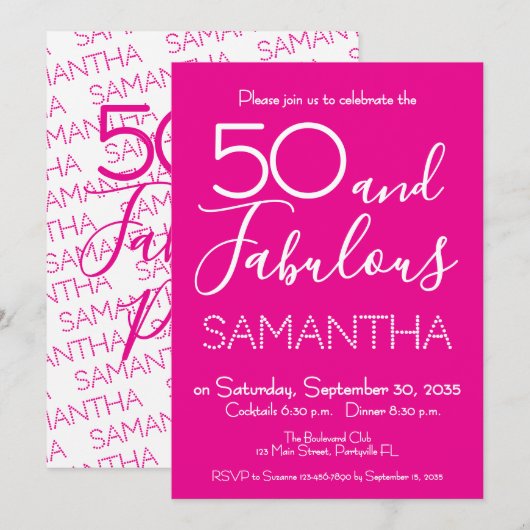 50 & Fabulous 50th Birthday Party Pink Elegant Einladung (Vorne/Hinten)
