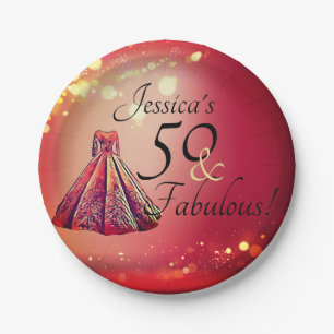 50 & Fabulous 50th Birthday Red Gold Sparkle Pappteller