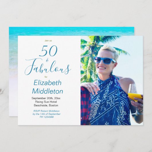 50 Fabulous Beach Blue Modern Foto Typografie Einladung (Vorne/Hinten)