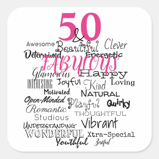 50 & Fabulous Birthday A to Z Typografy Fun Pink Quadratischer Aufkleber (Vorderseite)
