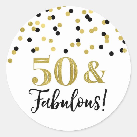 50 & Fabulous Birthday Black Gold Confetti Runder Aufkleber (Vorderseite)