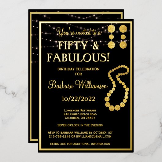 50 & Fabulous Birthday Black REAL Gold Folieneinladung (Vorderseite/Rückseite)