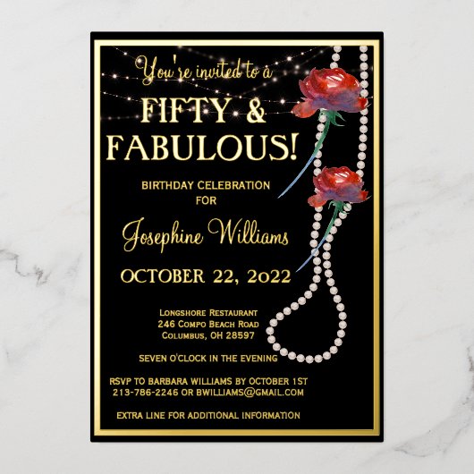 50 & Fabulous Birthday Black REAL Gold Folieneinladung (Vorderseite)