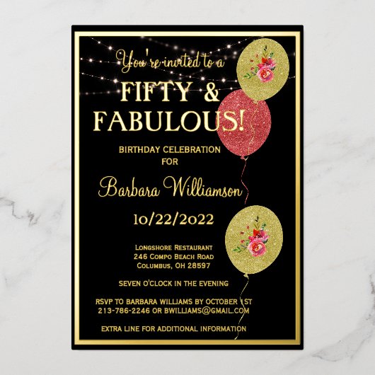 50 & Fabulous Birthday Black REAL Gold Folieneinladung (Vorderseite)