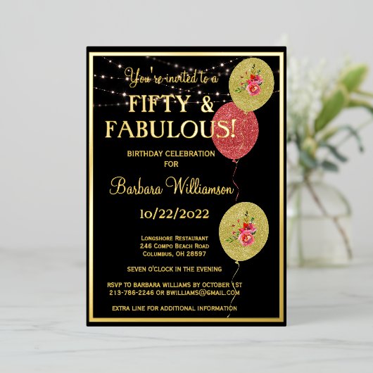 50 & Fabulous Birthday Black REAL Gold Folieneinladung (Stehend vorne)