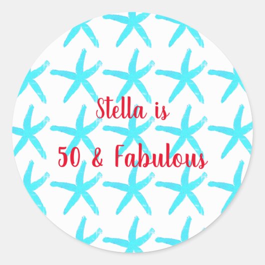 50 & Fabulous Birthday Blue Starfish Patterns Cool Runder Aufkleber (Vorderseite)