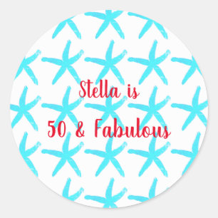 50 & Fabulous Birthday Blue Starfish Patterns Cool Runder Aufkleber