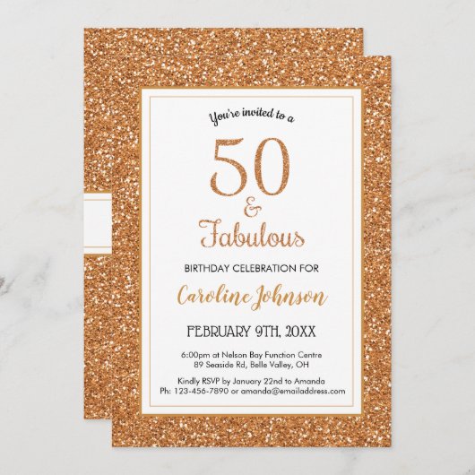 50 & Fabulous Birthday Funkelnd Gold Glitzer Einladung (Vorne/Hinten)