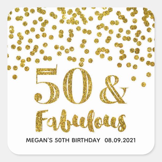50 & Fabulous Birthday Gold Glitzer Confetti Quadratischer Aufkleber (Vorderseite)