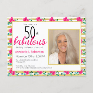 50 & Fabulous Birthday Gold Pink Floral Einladungspostkarte