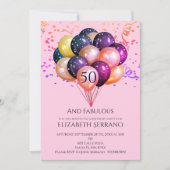 50 Fabulous Birthday Metallic Balloons Pink Einladung (Vorderseite)