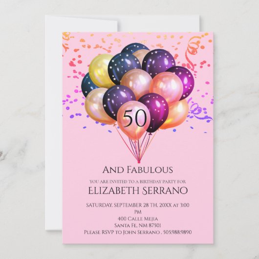 50 Fabulous Birthday Metallic Balloons Pink Einladung (Vorderseite)